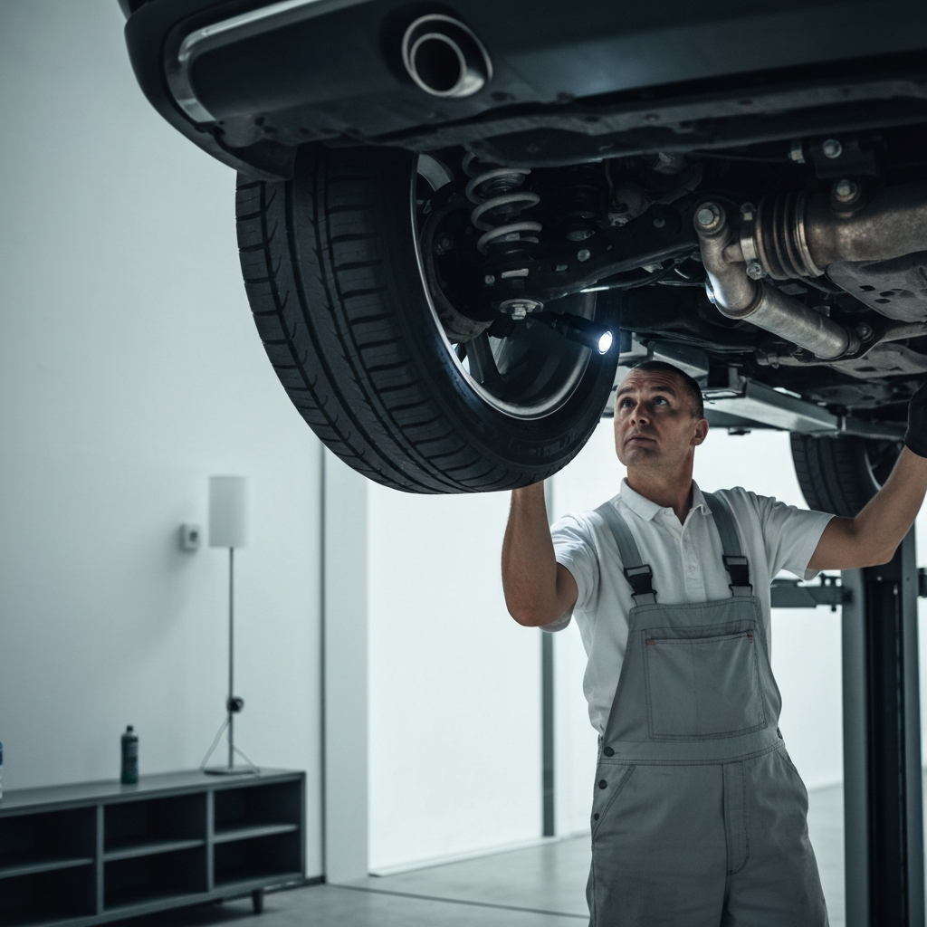A mechanic, wearing clean overalls, using a flashlight to inspect the undercarriage of a car on a lift. Soft, diffused light highlighting the suspension components.