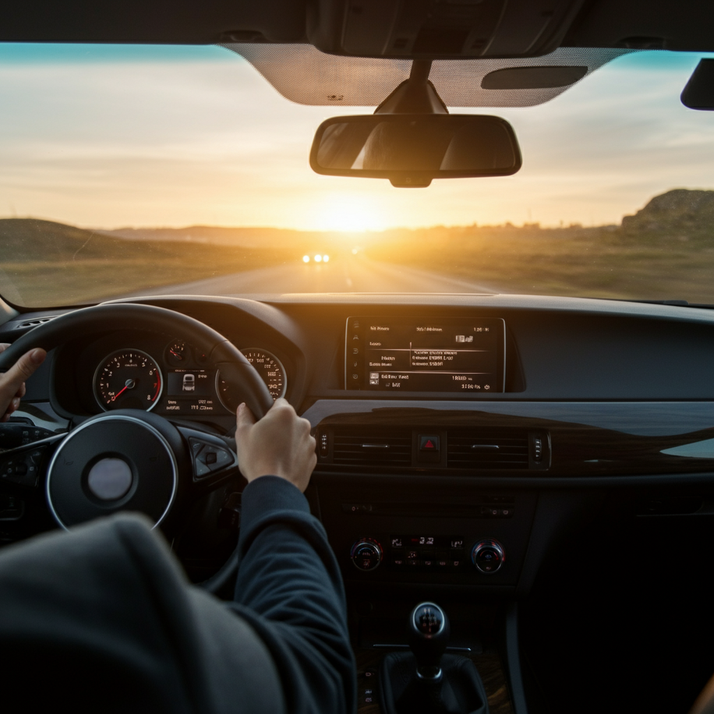 Interior shot of a car, focusing on the driver's hands on the steering wheel. The road ahead is visible through the windshield, slightly blurred to convey motion. Natural daylight coming through the front windshield.