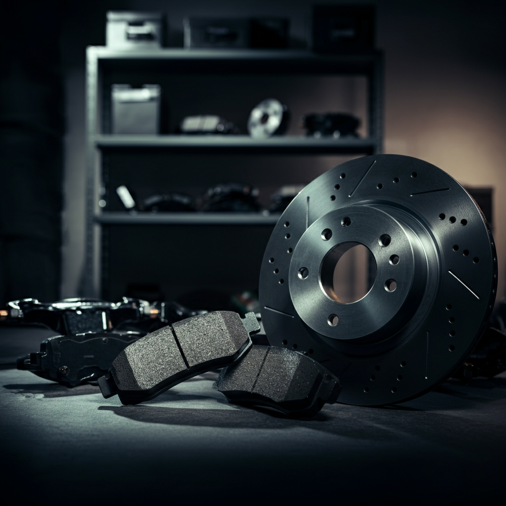 A well-organized garage, with various car parts neatly arranged on shelves. Focus on a set of brake pads and a rotor, with soft, even lighting.
