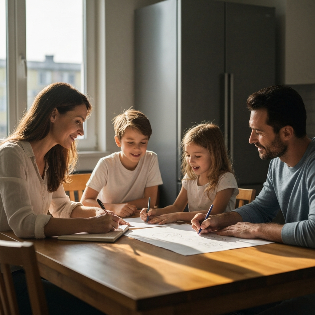 A family of four sits around a wooden kitchen table. Sunlight streams through the window, illuminating dust motes in the air. The mother writes on a notepad, while the father sketches on a larger sheet of paper. Two children, a boy and a girl, offer ideas with excited gestures. Soft bokeh from the background highlights the expressions of collaboration.