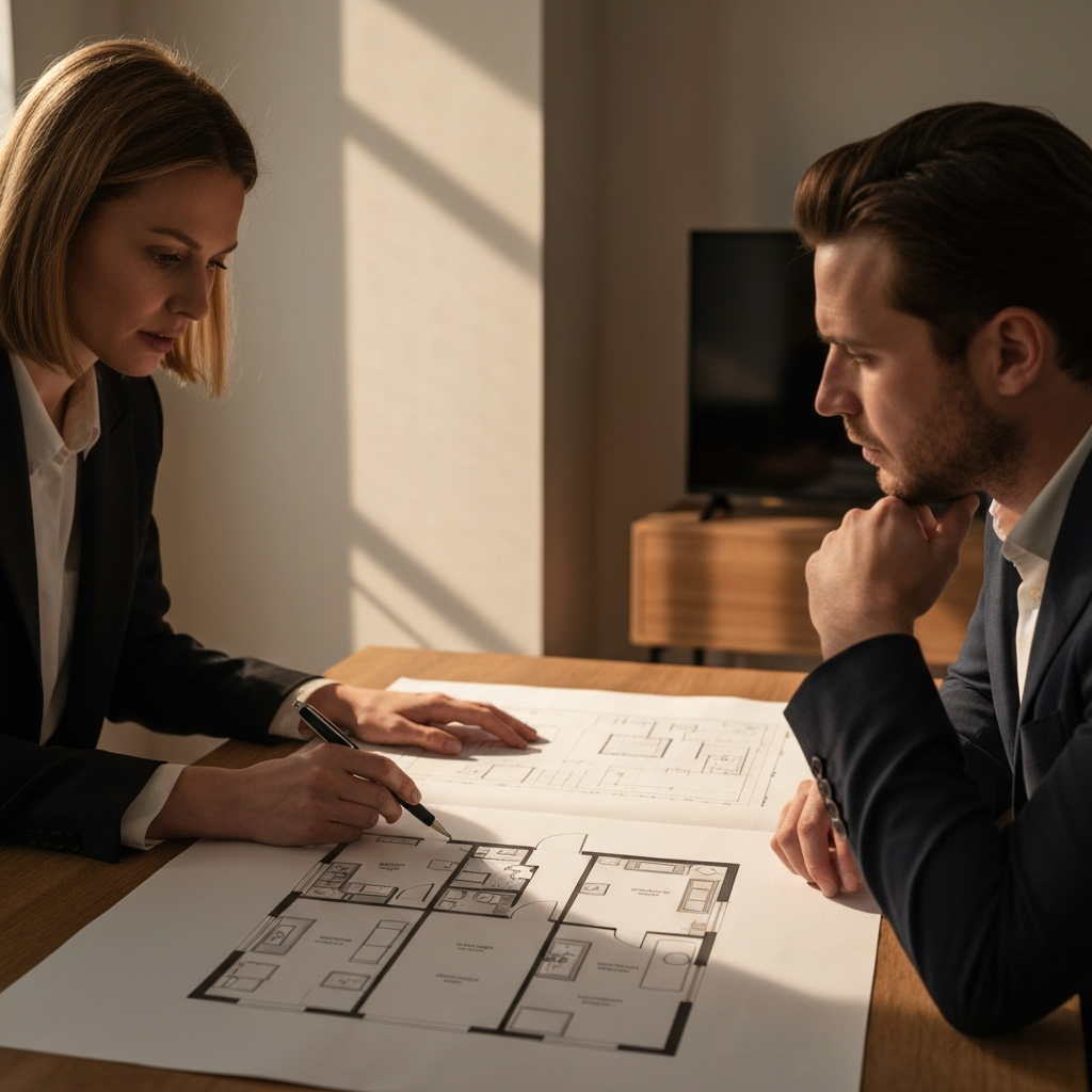 A floor plan of a house is spread out on a table. A woman is pointing at a section of the plan with a pen, while a man looks on thoughtfully. The lighting is warm and inviting, casting soft shadows that highlight the architectural details of the plan.
