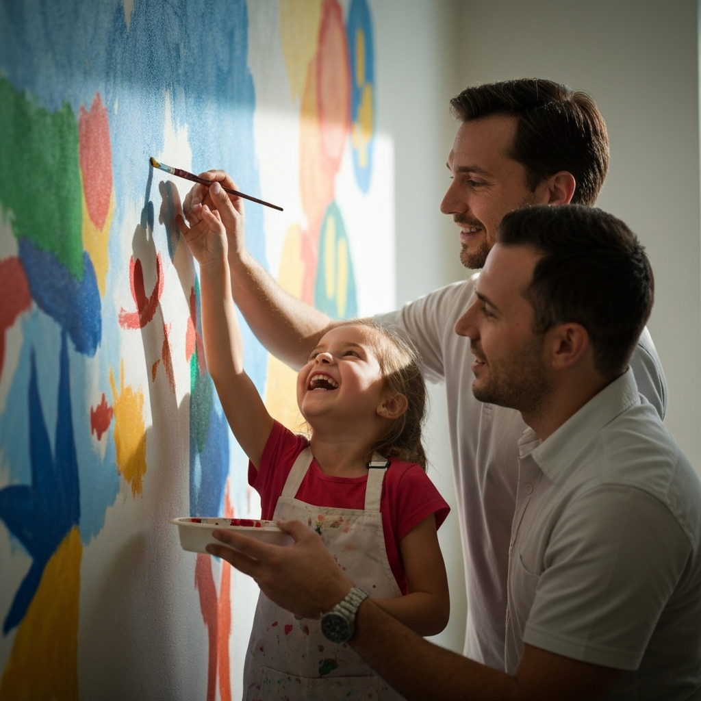 A young girl and her father are painting a colorful mural on a wall. The girl is laughing as she reaches up with a paintbrush, while her father guides her hand. The scene is bathed in natural light, creating a vibrant and joyful atmosphere.