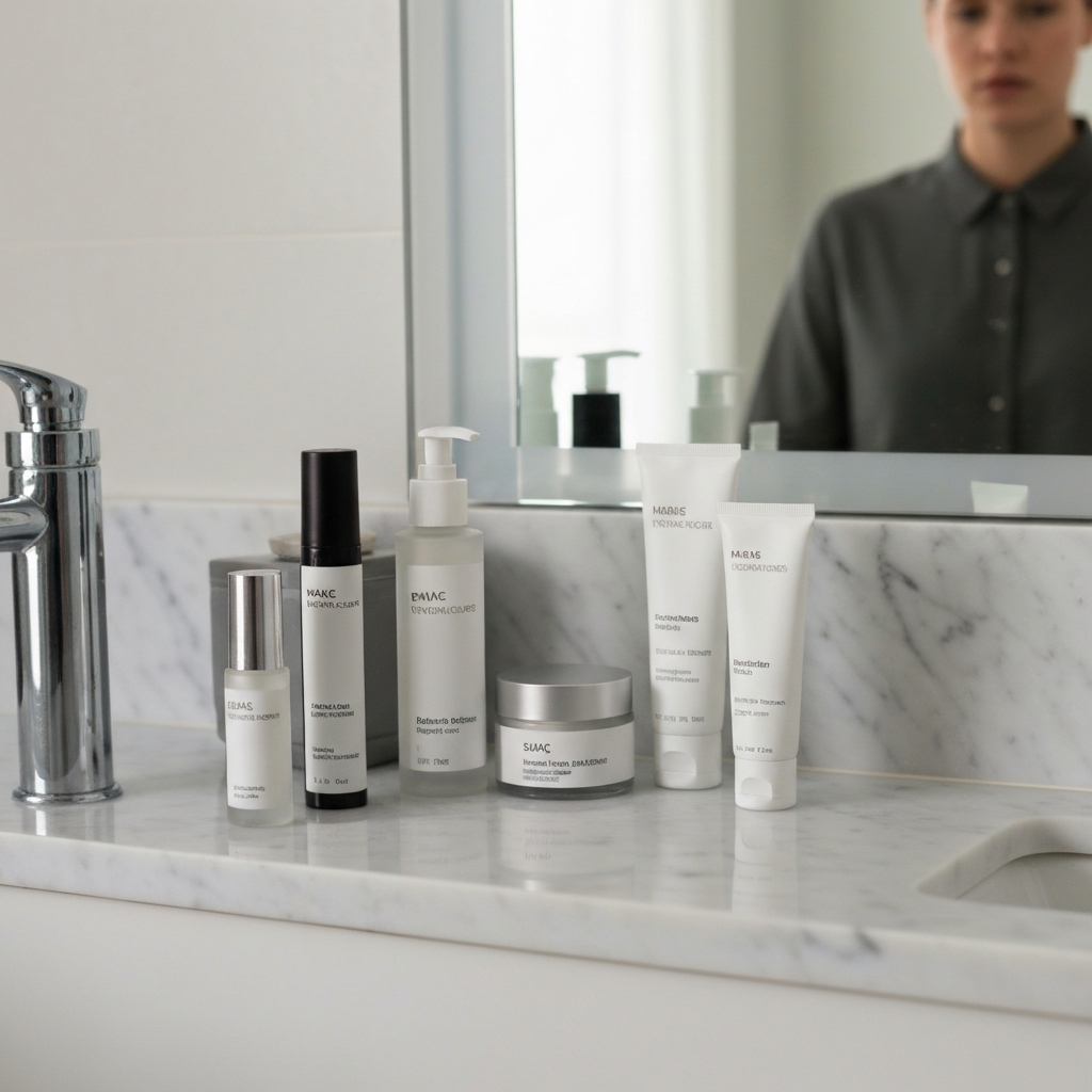 A close-up shot of various skincare products neatly arranged on a marble countertop in a brightly lit bathroom. Focus is on the texture of the product containers and the clean, minimalist aesthetic.