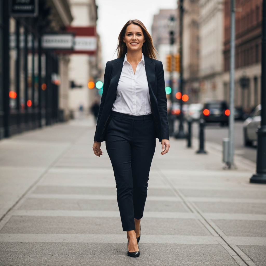 A woman confidently walking down a city street with excellent posture. The background is slightly blurred to emphasize her movement and presence.