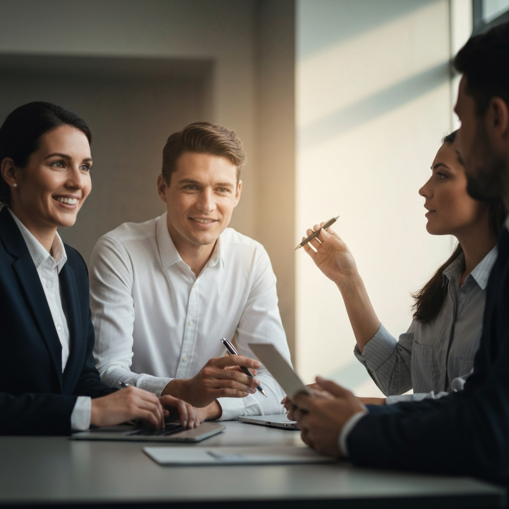 A group of professionals engaged in a business meeting, displaying attentive and confident body language. Soft, warm lighting creates a collaborative and engaging atmosphere.