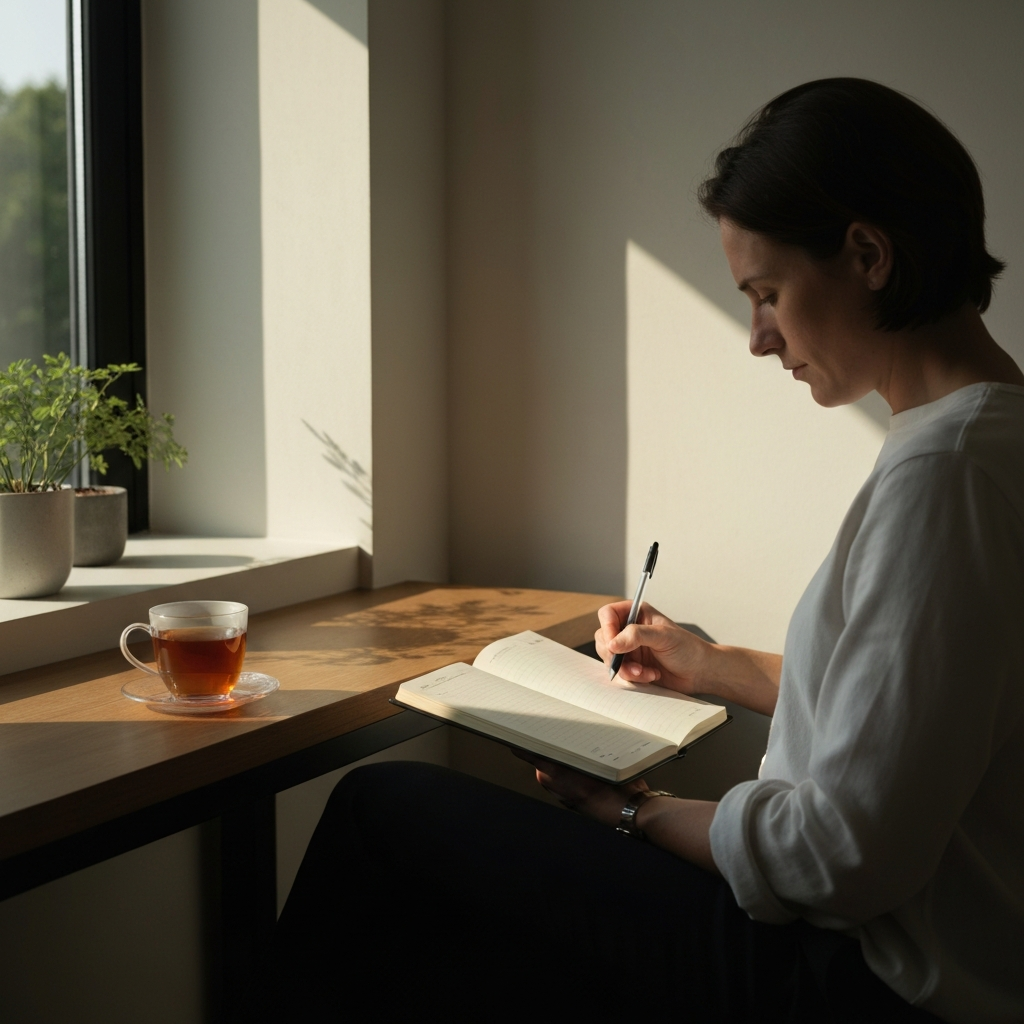 A person journaling in a sunlit room, with a cup of tea and soft, natural light creating a calming atmosphere.
