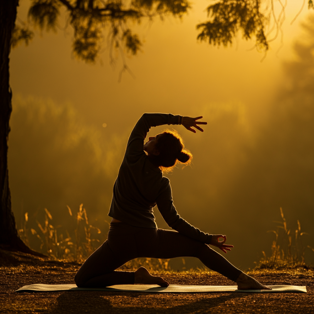 A person practicing yoga in a serene outdoor setting at sunrise. Soft, golden hour lighting creates a peaceful and rejuvenating atmosphere.