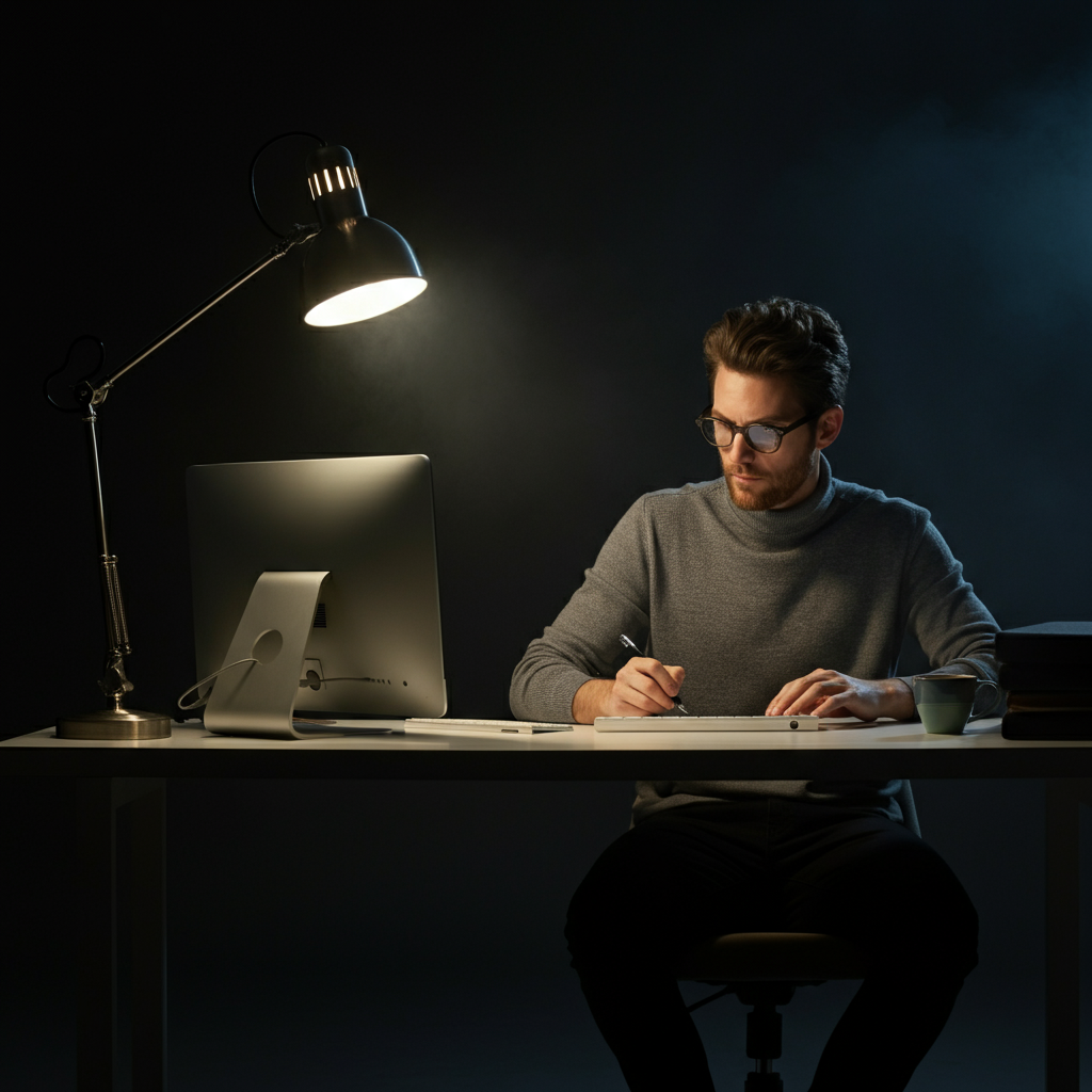 A person working diligently at a desk, with a focused expression and a sense of purpose. The room is well-lit and organized, fostering a productive atmosphere.