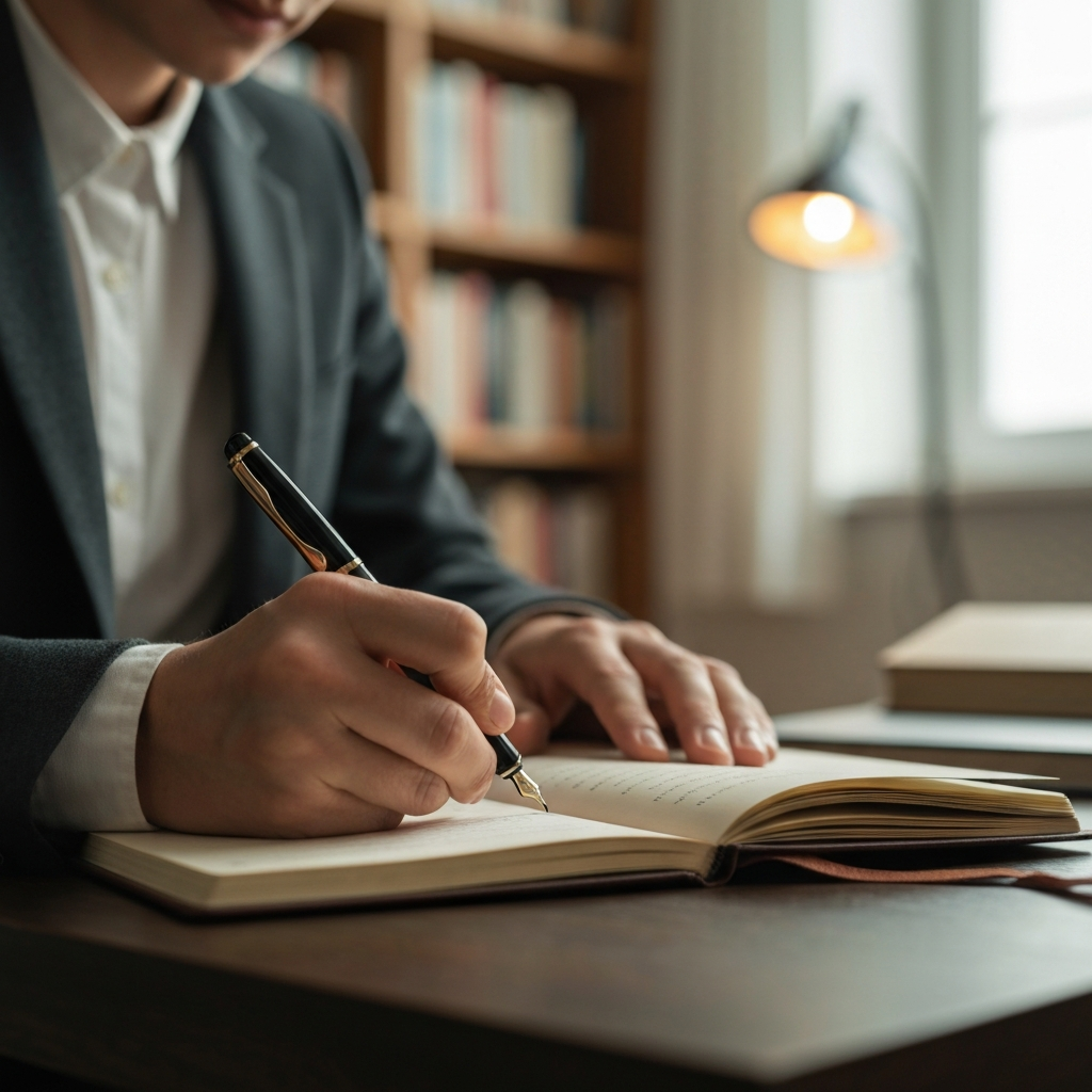 A close-up of a person's hands writing in a journal with a fountain pen. The background is slightly blurred, showing a cozy study with bookshelves and soft, diffused lighting.