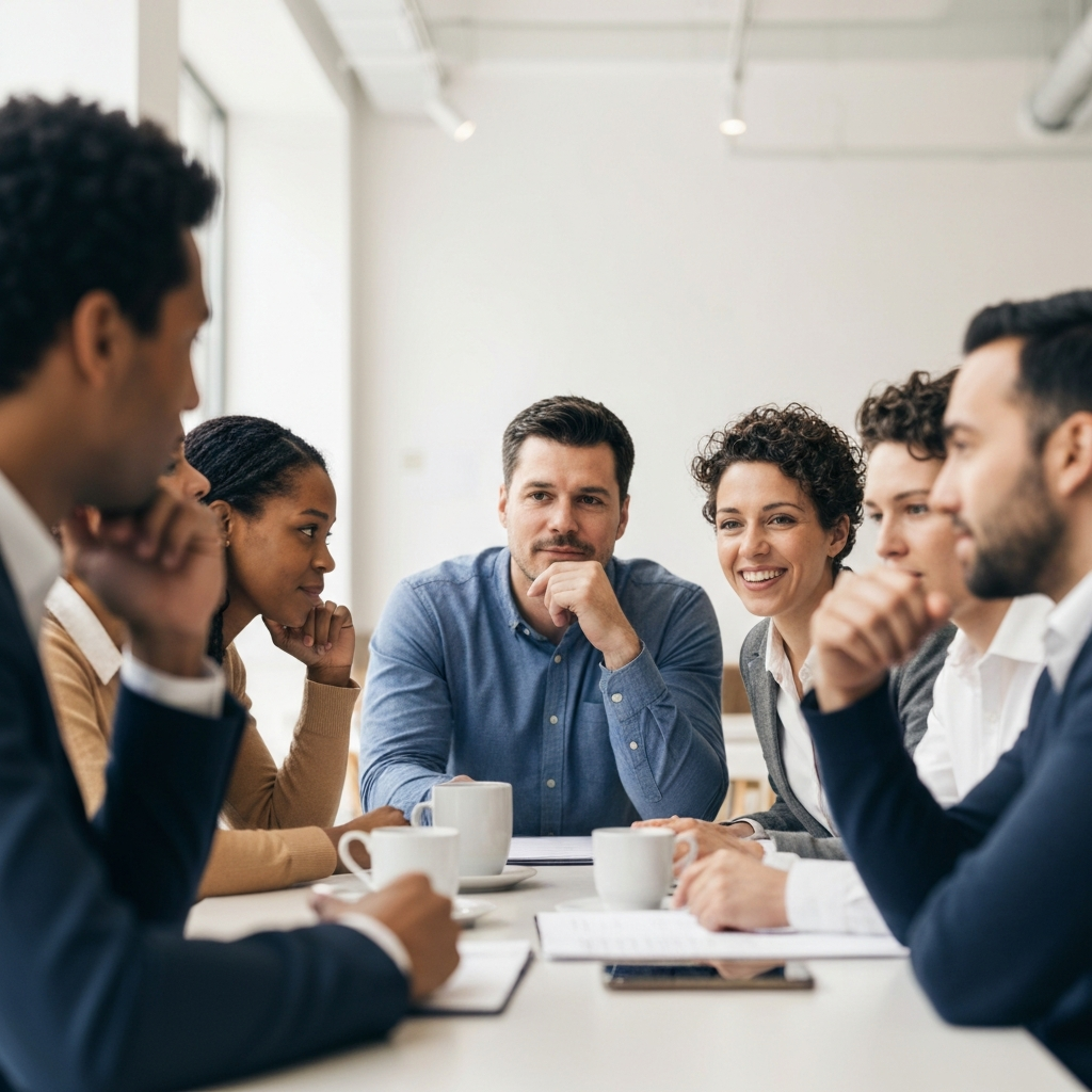A group of diverse people sitting around a table in a brightly lit cafe, engaged in a lively discussion. The focus is on their expressions, showing engagement and thoughtful consideration. Soft bokeh in the background.