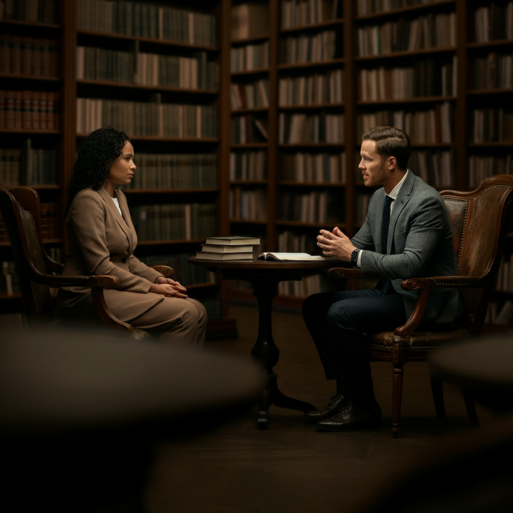 Two people sitting across from each other in a library, having a calm and respectful conversation. The scene is composed with a shallow depth of field, blurring the surrounding bookshelves.