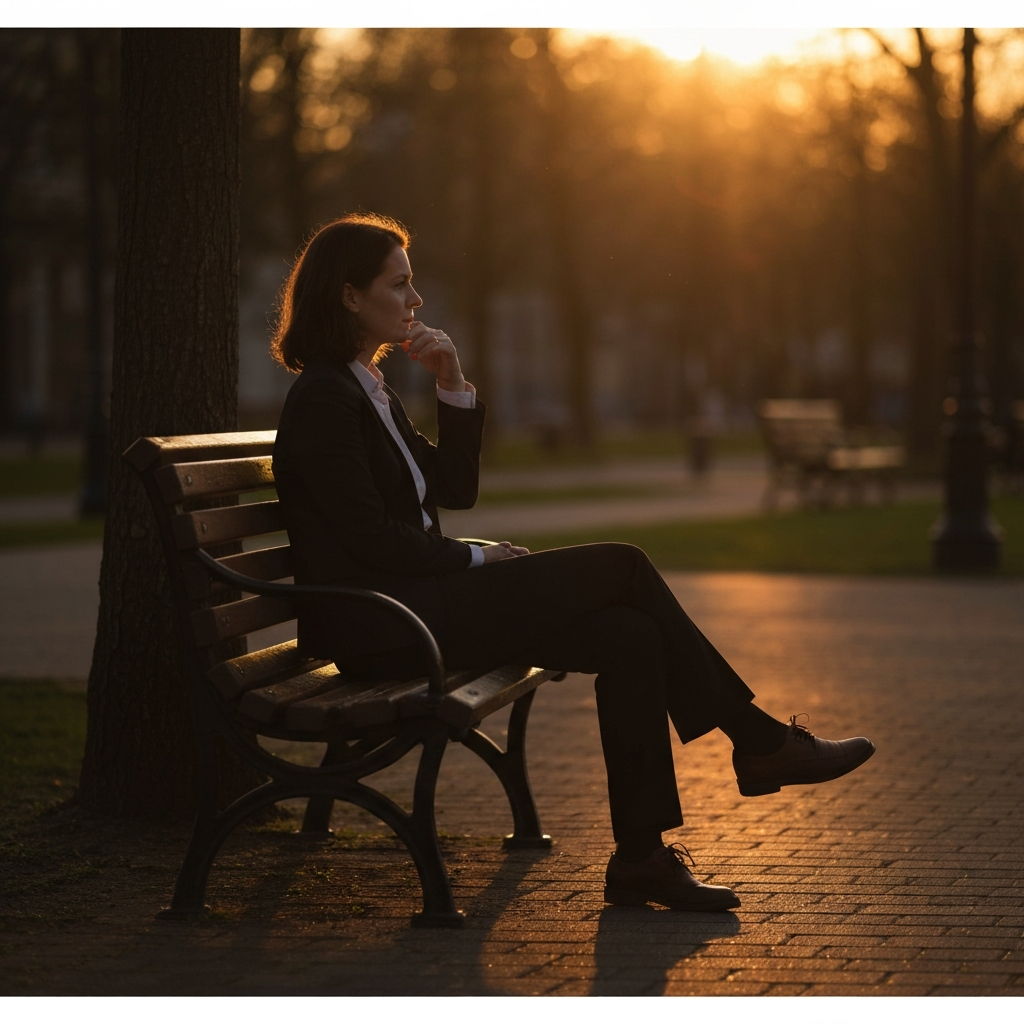 A person sitting alone on a park bench at sunset, looking thoughtful and contemplative. Golden hour lighting creates a warm and serene atmosphere.