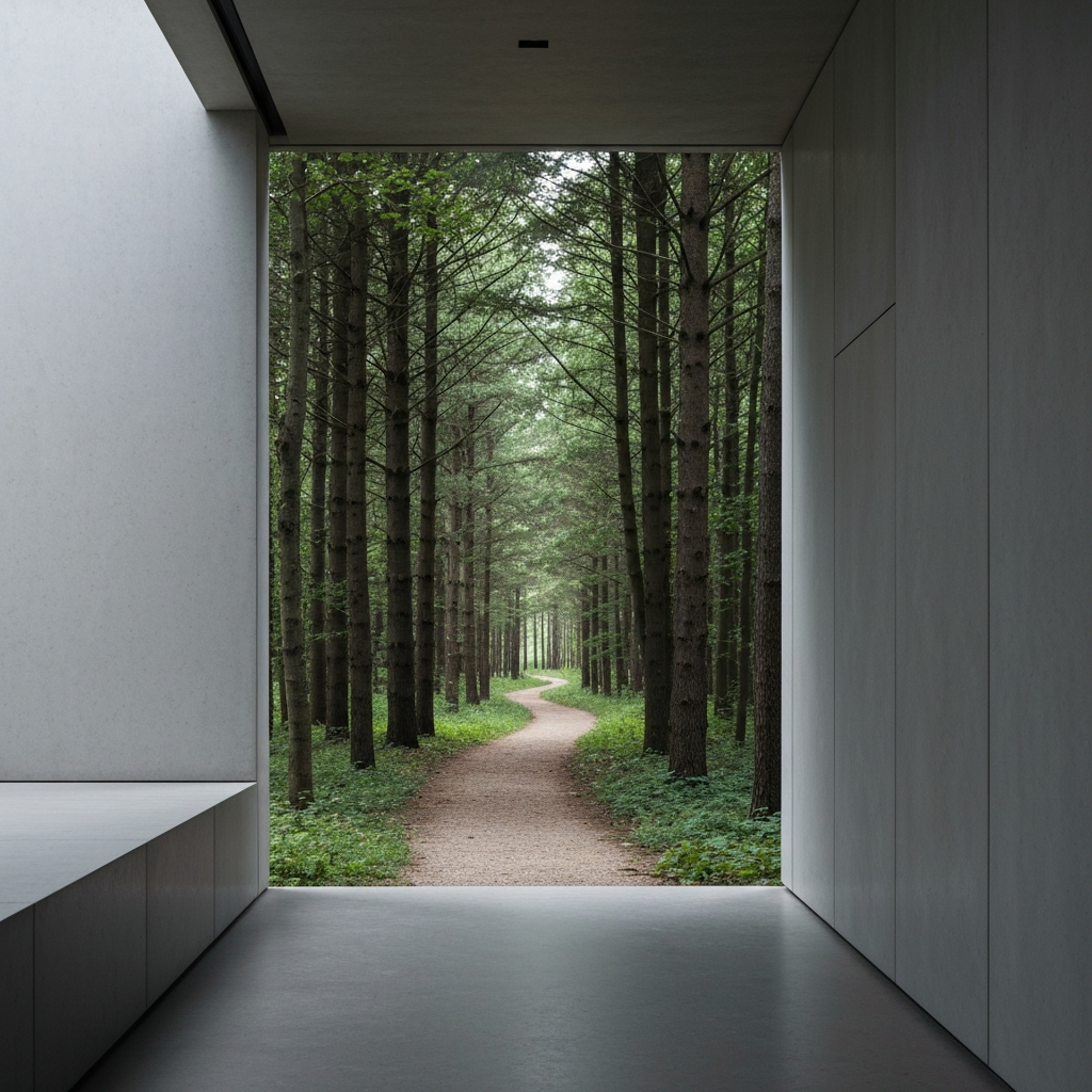 A winding path through a forest, disappearing into the distance. The lighting is soft and diffused, creating a sense of mystery and exploration.