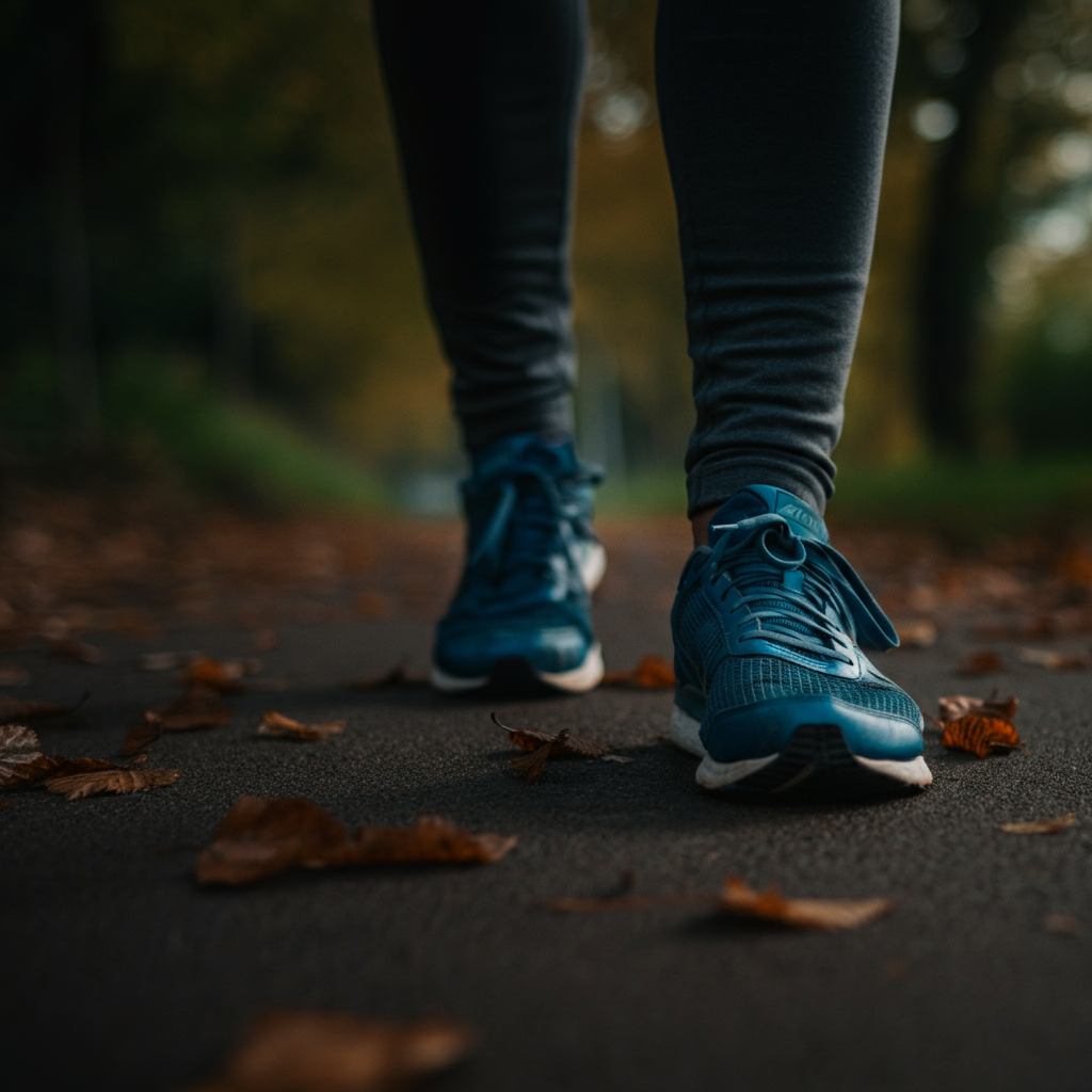 Close-up of running shoes gently touching down on a leaf-strewn path during early morning light. Focus is on the texture of the path and the soft bokeh of the background foliage.