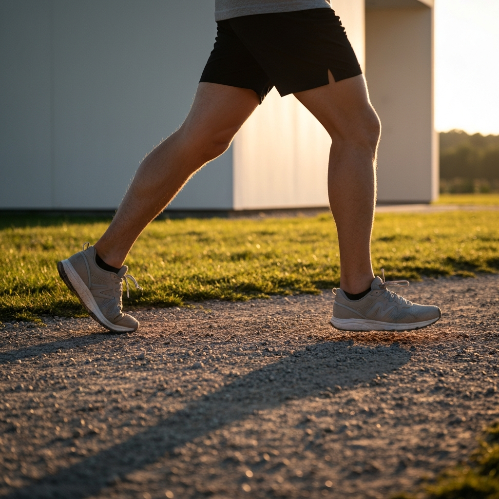 A person's legs transitioning from a run to a brisk walk on a gravel trail, side-lit by golden hour sunlight. The runner is wearing comfortable athletic clothing. Focus is on the motion blur and the texture of the gravel.