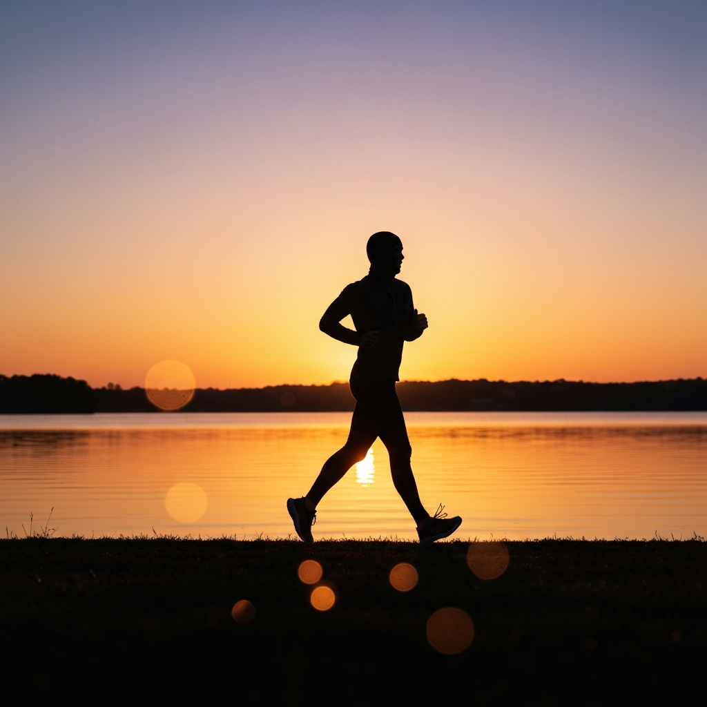 Wide shot of a runner silhouetted against a vibrant sunrise over a lake, with soft bokeh in the foreground. Focus is on the color gradient in the sky and the calm water.