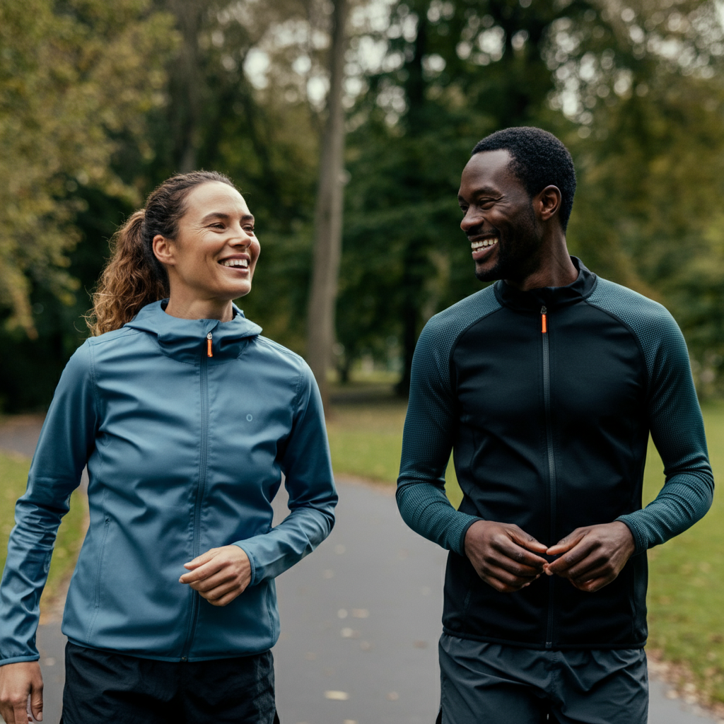 Two runners, side-by-side, smiling and chatting on a paved path in a park, with soft focus on the background trees. They are both wearing appropriate running gear.