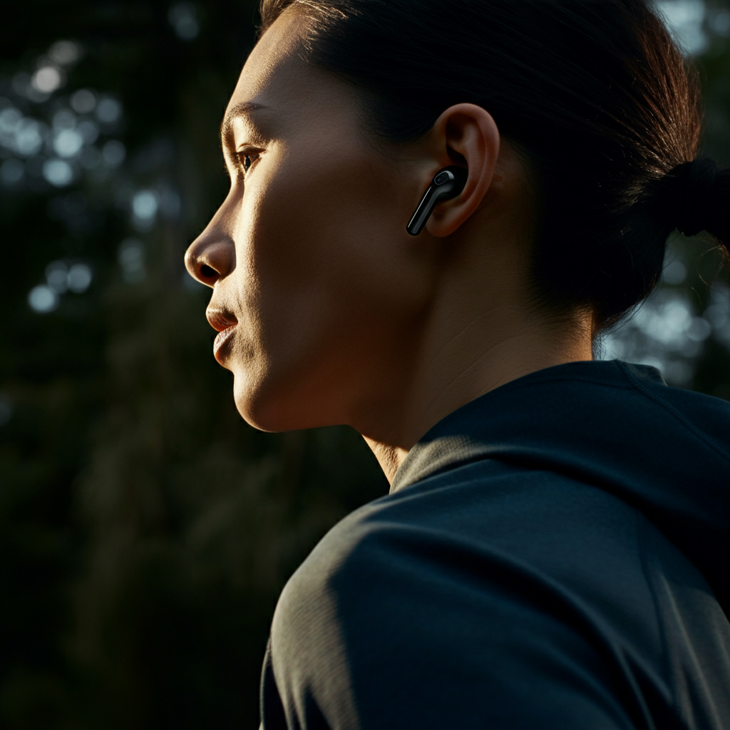 A person running with wireless earbuds in, dappled sunlight filtering through the trees above. Focus on the earbud design and the runner's focused expression.