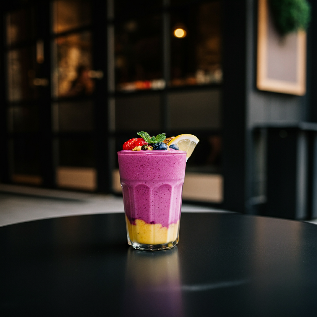 A person enjoying a colorful smoothie after a run, sitting at an outdoor cafe table. Focus on the texture and colors of the smoothie and the relaxed atmosphere.