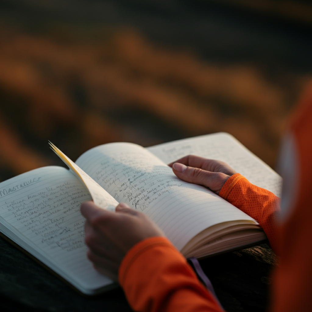 A close-up of a handwritten running journal, open to a page with notes about a recent run and the positive feelings experienced afterwards. Soft, natural lighting.