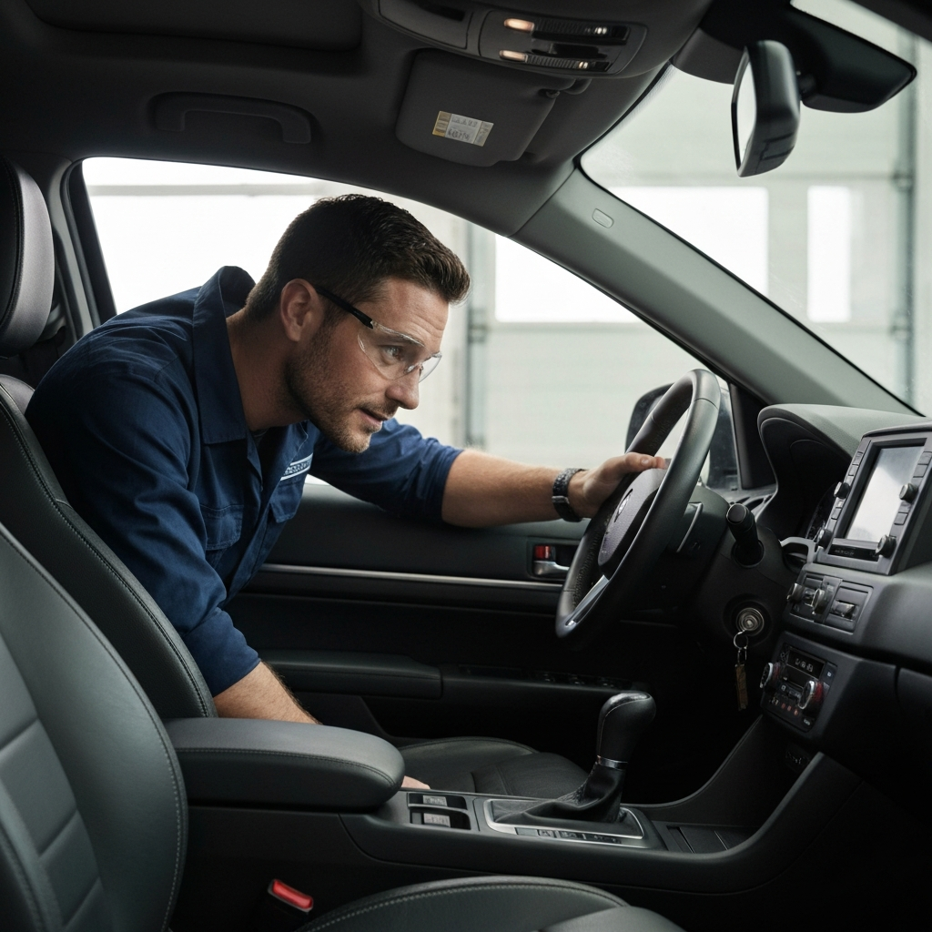 A mechanic in a clean, well-lit garage, leaning into the passenger seat of a car, listening intently with a focused expression. Soft, diffused light illuminates the interior, highlighting the textures of the upholstery and dashboard. The mechanic is wearing a clean, dark-blue work shirt and safety glasses.