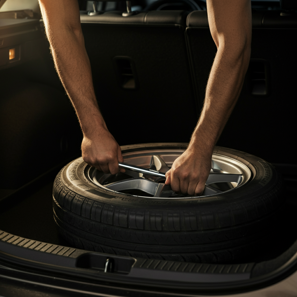 Open trunk of a car, neatly organized. A mechanic is tightening the bolt securing the spare tire with a lug wrench. Golden hour lighting creates long shadows, highlighting the tire's tread pattern and the trunk's interior lining. The mechanic wears dark work pants and a tucked-in t-shirt.