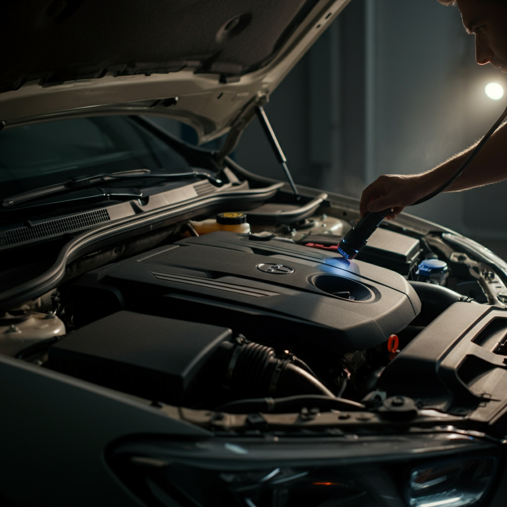 Open hood of a car, revealing the engine bay. A mechanic is using a stethoscope to listen to the engine, while another mechanic shines a flashlight onto the engine block. Natural light floods the engine bay, highlighting the various components and their textures. Both mechanics wear clean, professional attire.