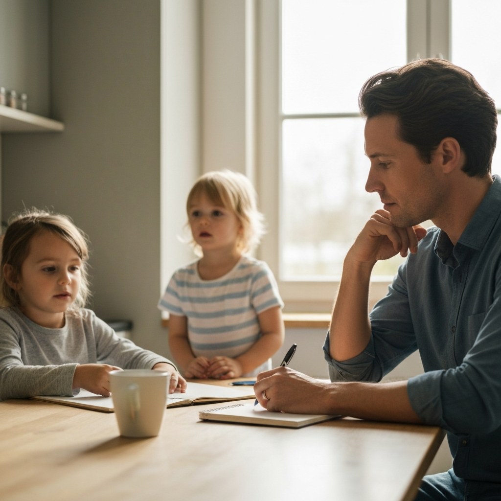 A parent sits at a kitchen table with a notepad and pen, observing their children as they get ready for school. The morning light streams in through the window, highlighting dust motes in the air. Soft focus on the children, sharp focus on the parent's thoughtful expression.