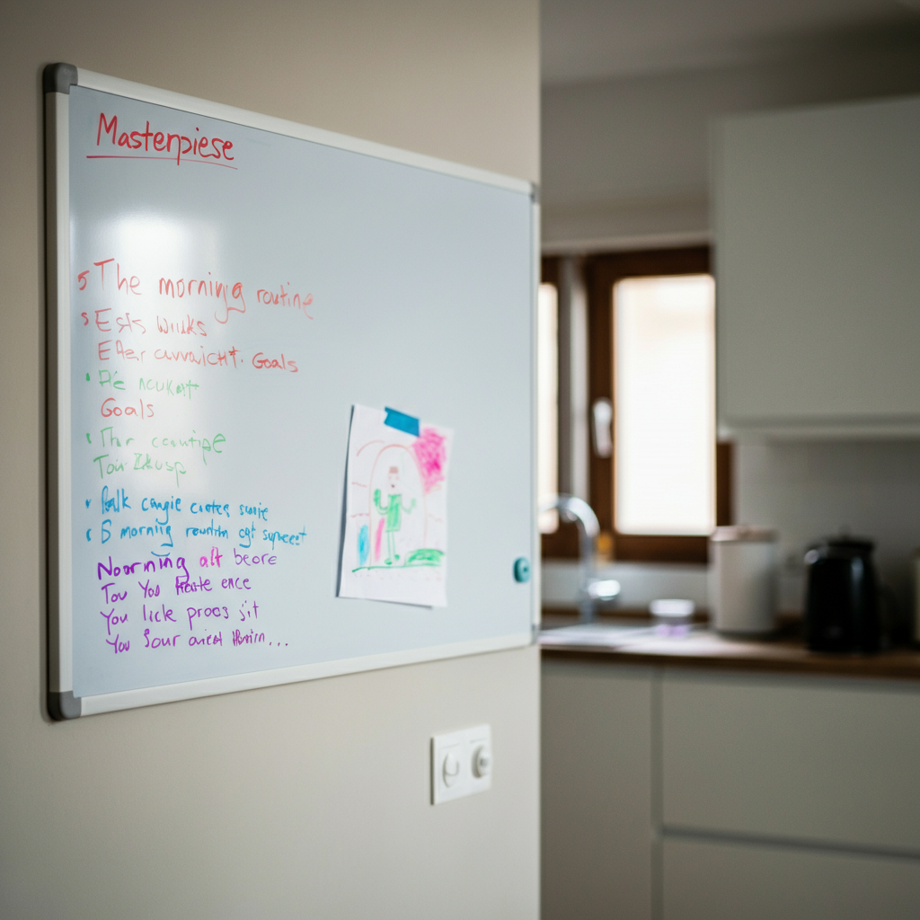 A whiteboard hangs on a kitchen wall, displaying a list of morning routine goals written in colorful markers. A child's drawing is taped to the corner of the board. The whiteboard is slightly blurred, drawing focus to the well-lit kitchen.