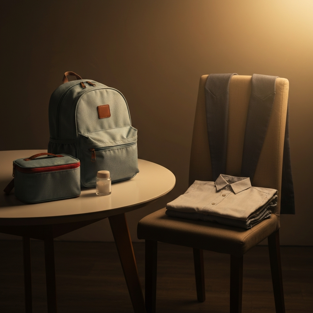 A child's backpack and lunchbox are neatly arranged on a table next to a set of clothes laid out on a chair. The scene is lit with warm, inviting light, creating a sense of calm and readiness.