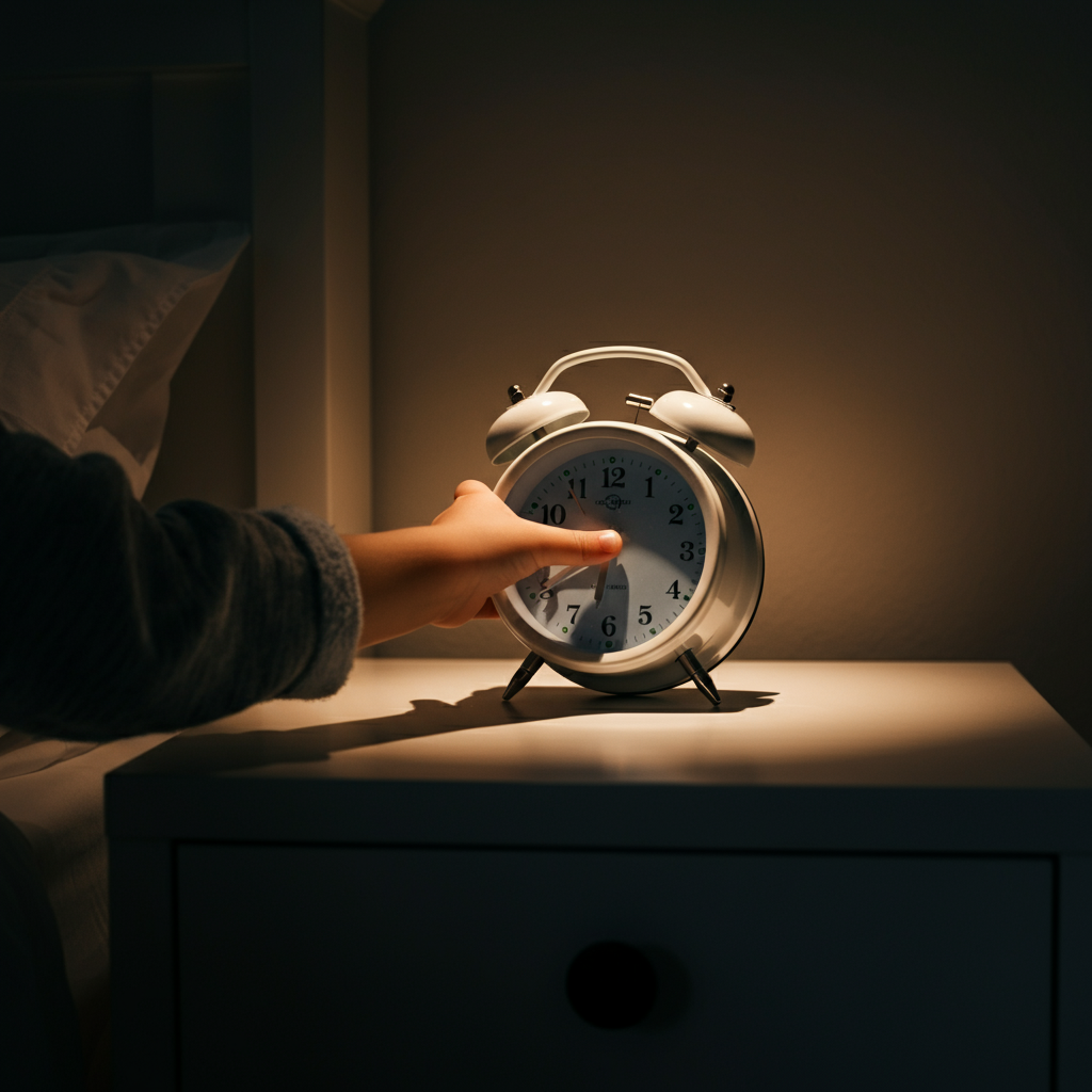 A child's hand reaches to turn off a gentle-sounding alarm clock on a bedside table. A soft, warm light fills the room, creating a peaceful and inviting atmosphere. The alarm clock is the point of focus.
