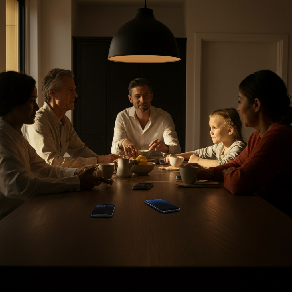 A family is gathered around a breakfast table, engaging in conversation. Smartphones are placed face down on the table. Golden hour lighting illuminates the scene, creating a warm and inviting atmosphere.