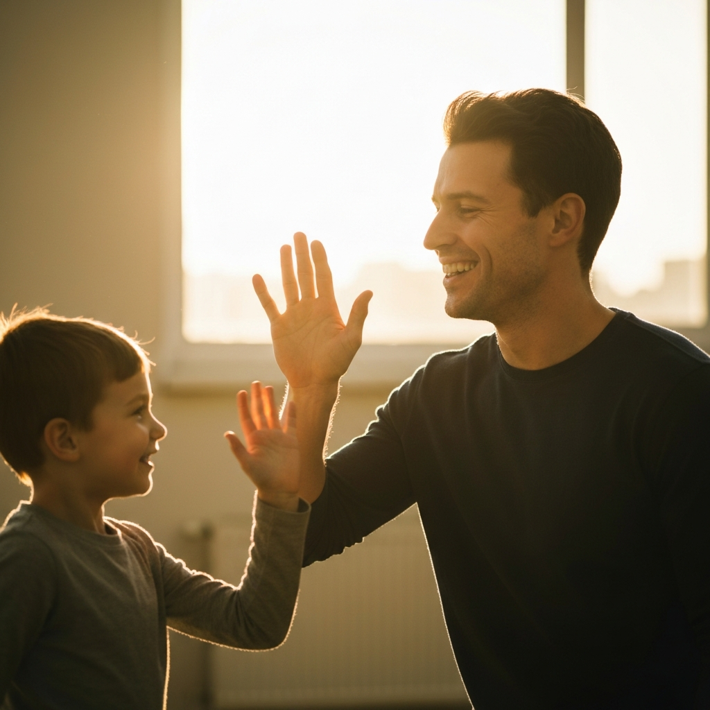 A parent smiles and gives a high-five to their child after successfully completing their morning routine. The scene is filled with bright, cheerful light, creating a sense of accomplishment and pride.