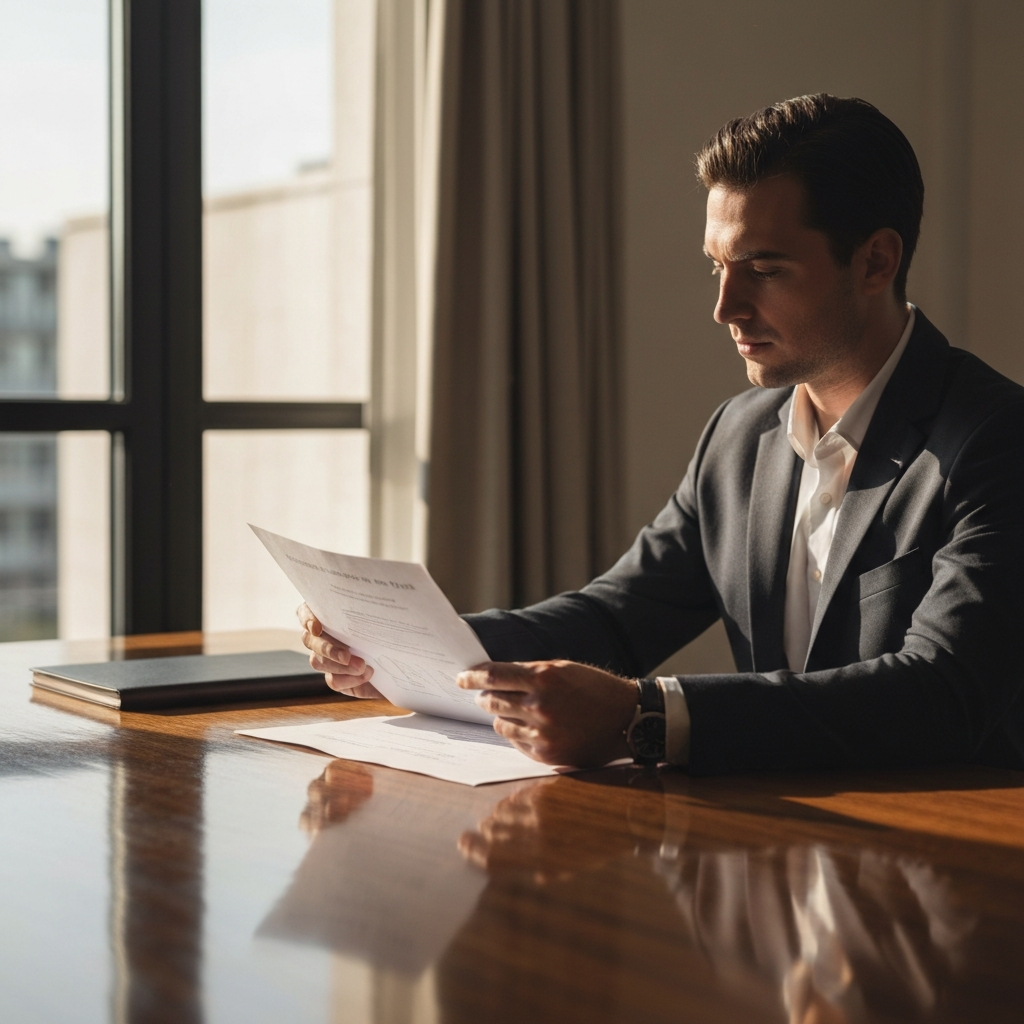 An entrepreneur sitting at a polished wooden desk, reviewing a printed business plan. Soft golden hour lighting streams through a nearby window, highlighting the texture of the paper.
