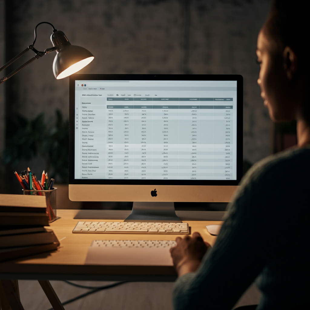 A brightly lit office with a modern computer setup. A spreadsheet is displayed on the monitor, showcasing a detailed budget with various expense categories.