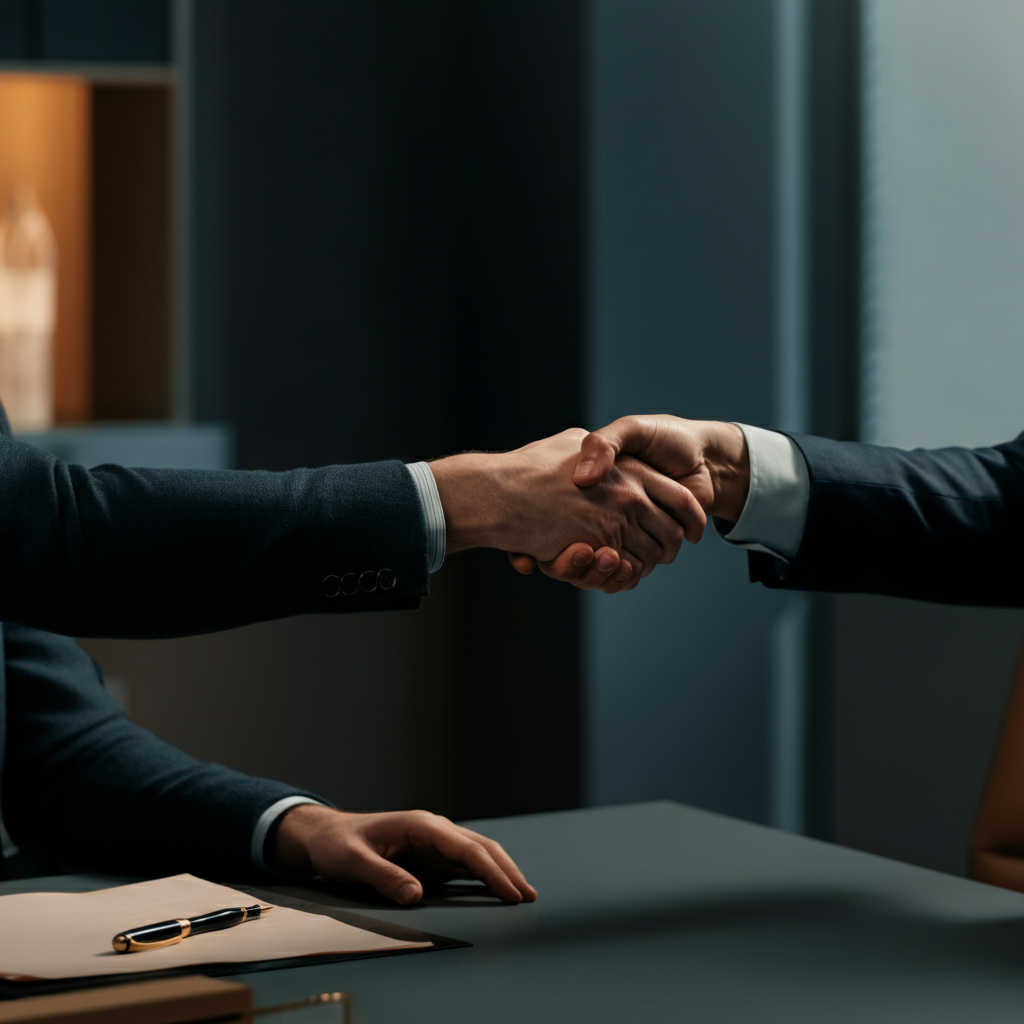 An office setting. Two hands exchanging a check over a clean, uncluttered desk. Soft focus on the background, highlighting the transaction.