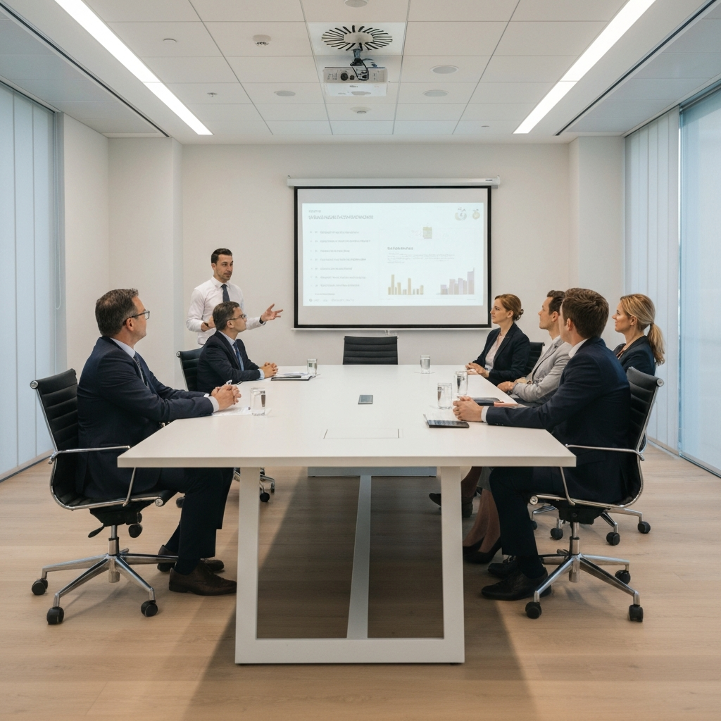 A well-dressed entrepreneur presenting to a panel of investors in a modern boardroom. The room is brightly lit, and the atmosphere is professional and engaging.