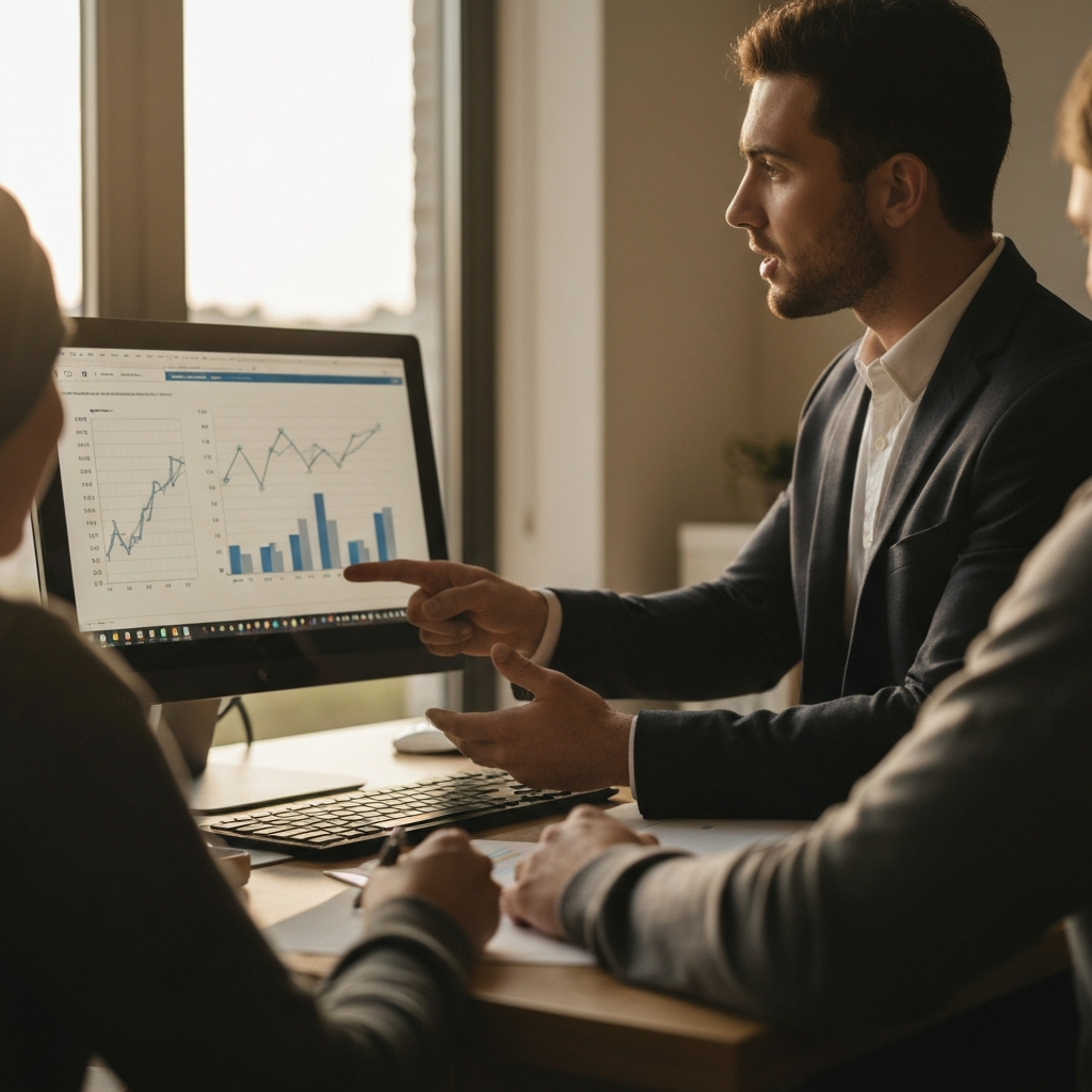 A professional financial advisor pointing to a graph on a monitor, explaining investment options to a client in a warmly lit office.