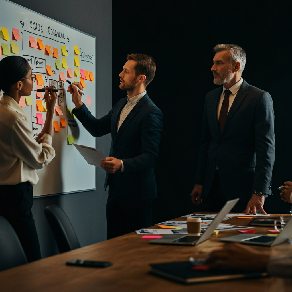 A team of professionals brainstorming in a conference room. The atmosphere is collaborative and focused, with sticky notes covering a whiteboard.