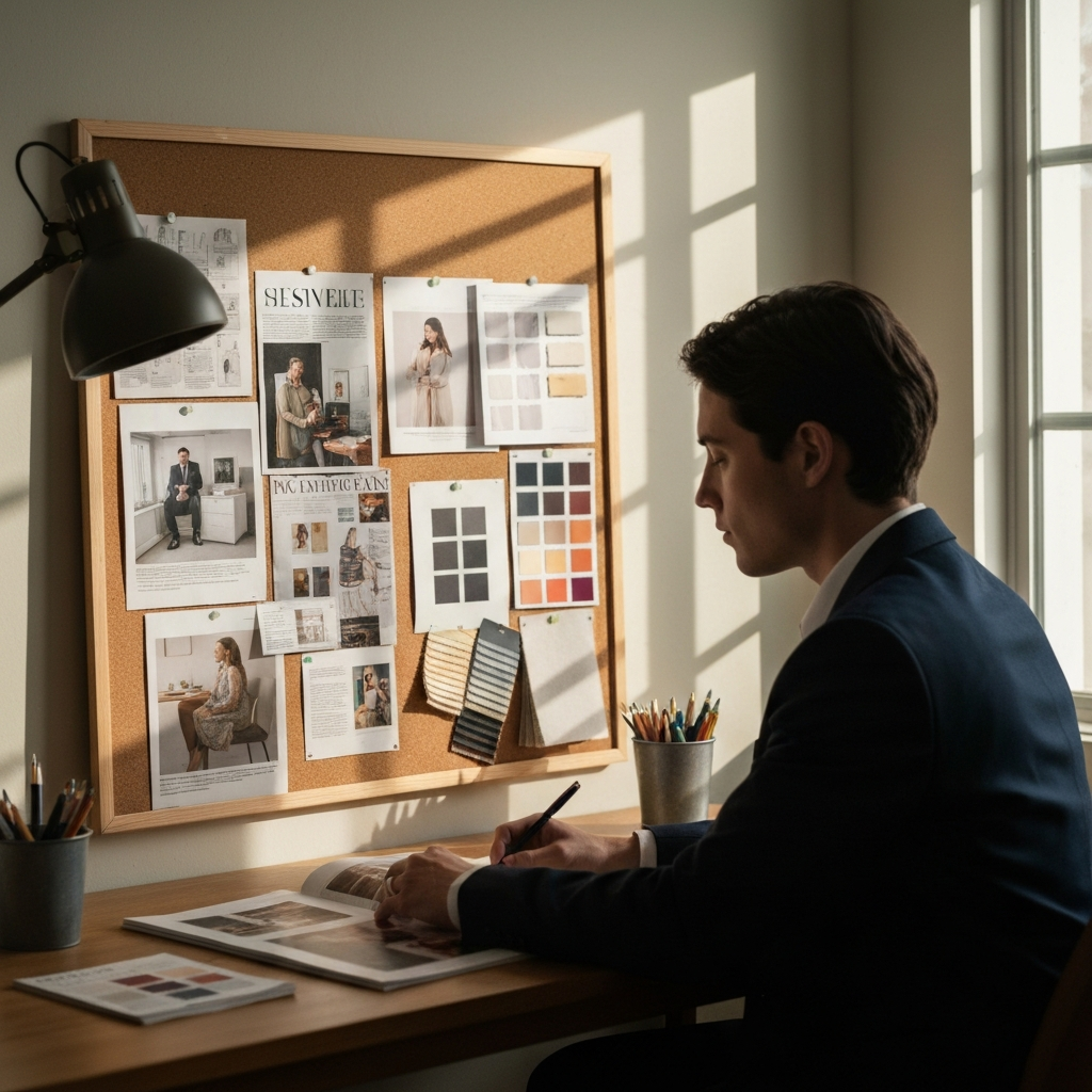 A person sits at a desk with a corkboard covered in magazine clippings, fabric swatches, and color samples. Soft, natural light streams in from a window, highlighting the textures of the board and the person's focused expression.