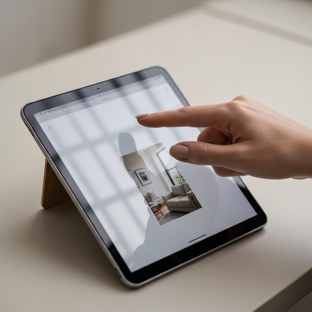 Close-up shot of a hand pointing to a specific image on a digital mood board displayed on a tablet. The screen reflects soft, diffused light, and the hand is well-manicured with a neutral nail color.