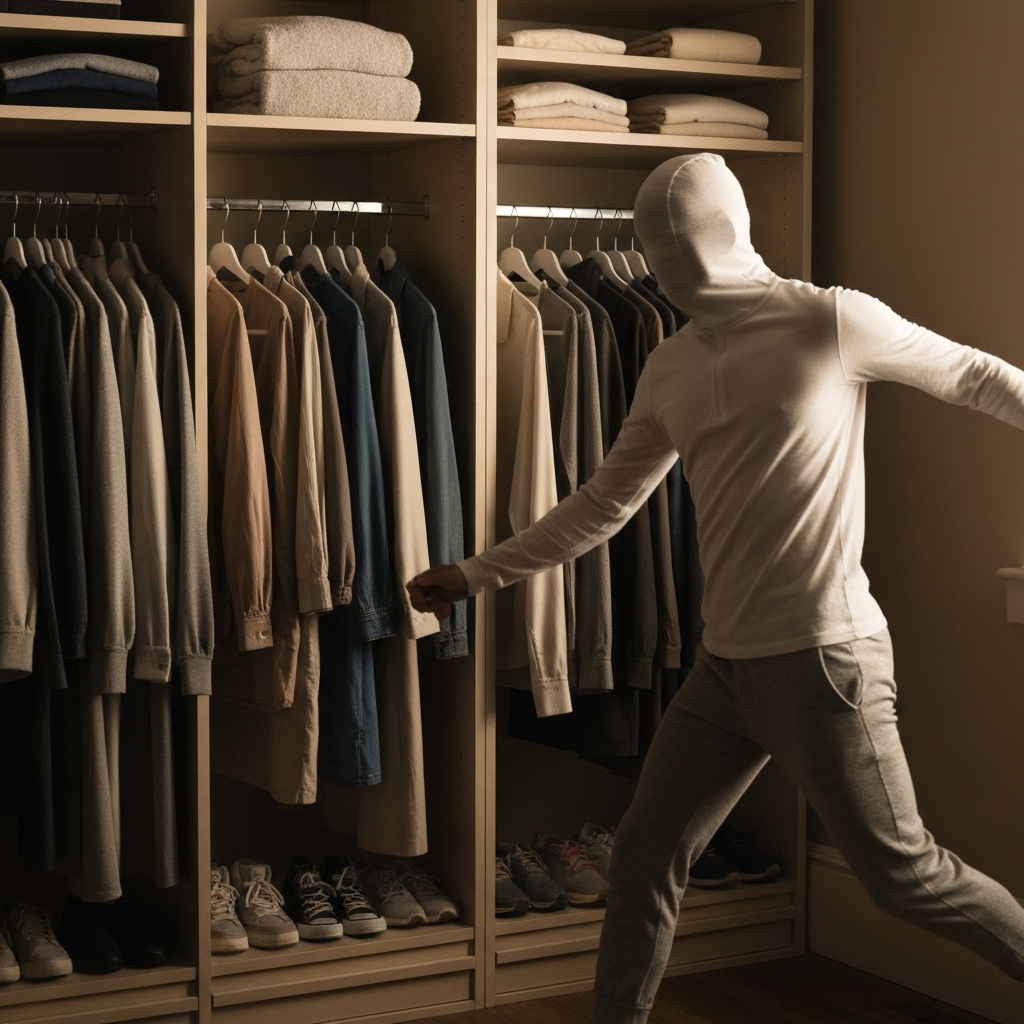 A well-organized closet with clothes neatly hung by category and color. Soft, diffused light illuminates the textures of the fabrics and the clean lines of the closet organization system.