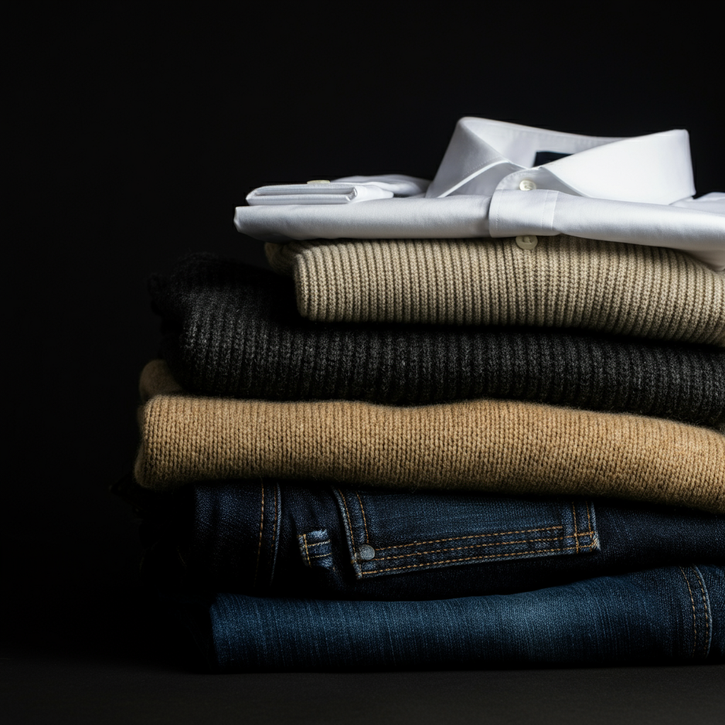 A close-up shot of a neatly folded pile of high-quality core wardrobe pieces, including a white button-down shirt, a cashmere sweater, and dark-wash denim jeans. The fabrics have a rich texture, and the lighting is soft and even.