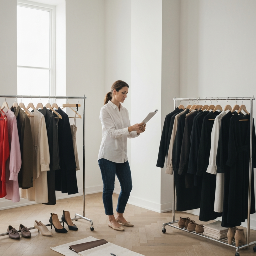 A fashion stylist standing in a studio surrounded by clothing racks and accessories, thoughtfully considering a new trend and how it could be integrated into a client's established wardrobe. The lighting is bright and professional.