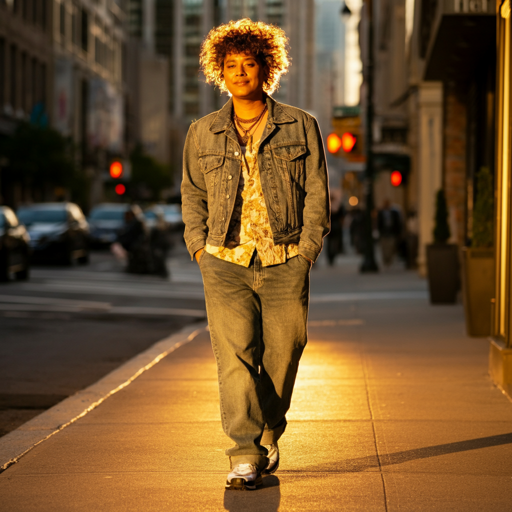 A person confidently walking down a city street, wearing a unique and stylish outfit that reflects their personal aesthetic. The lighting is warm and golden, highlighting the person's positive energy and self-assurance.
