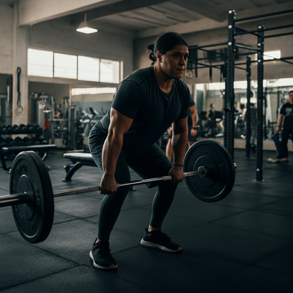 A person lifting weights in a well-lit gym. The gym has modern equipment and a clean aesthetic. Other people are working out in the background, maintaining social distancing. Focus is on the muscular definition of the person lifting.