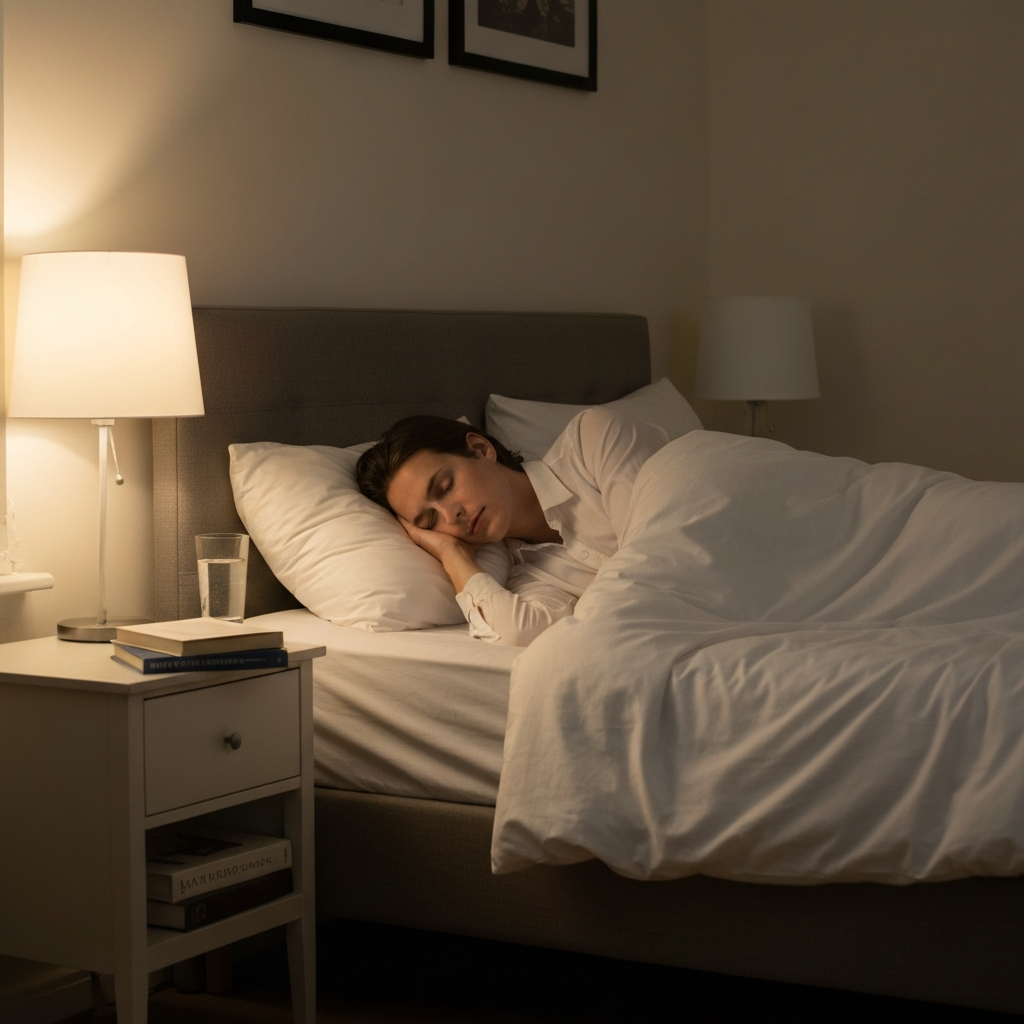 A bedroom with soft, warm lighting. A person is asleep in bed, under a comfortable duvet. The room is tidy and uncluttered, with a bedside table featuring a book and a glass of water.