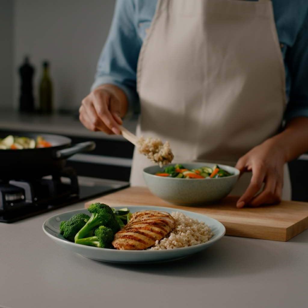 A person preparing a healthy meal in a bright, modern kitchen. The meal consists of grilled chicken, brown rice, and steamed vegetables. The person is smiling and appears to be enjoying the process of cooking.
