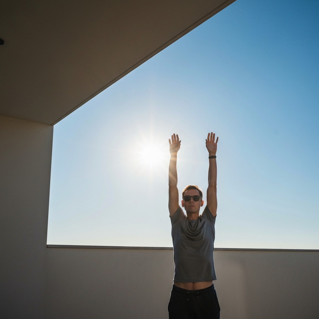 A person standing outside in the morning sunlight, stretching their arms overhead. The sun is shining brightly, and the sky is clear blue. The person is wearing sunglasses and comfortable clothing.