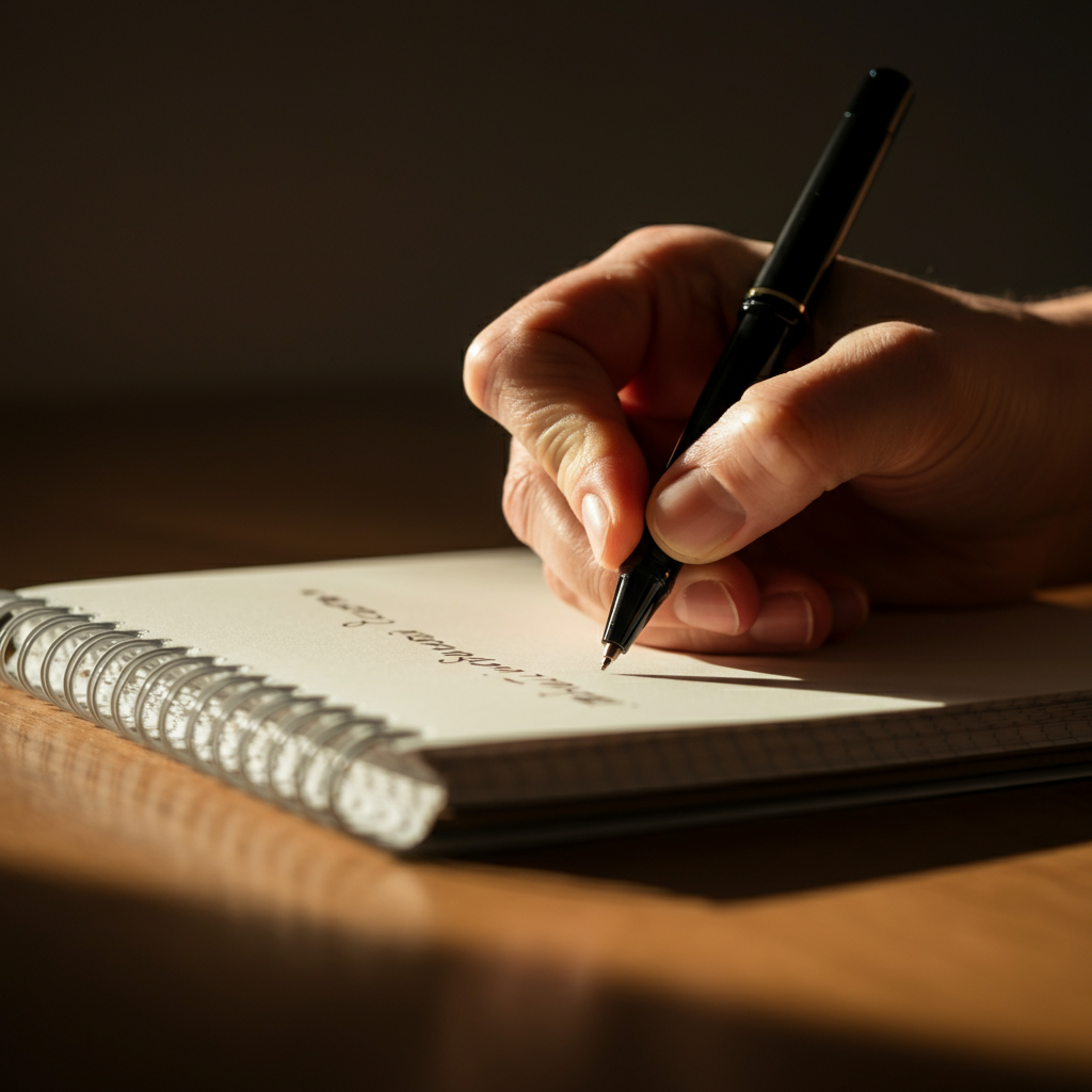 A close-up shot of a hand writing on a notepad with a sharp, black pen. The notepad is on a wooden table. The light is warm and casts a soft shadow. The focus is on the tip of the pen and the forming words.